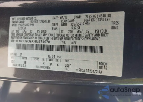 2017 Ford Escape Se из США, поврежденный, VIN 1FMCU9G9XHUE74970